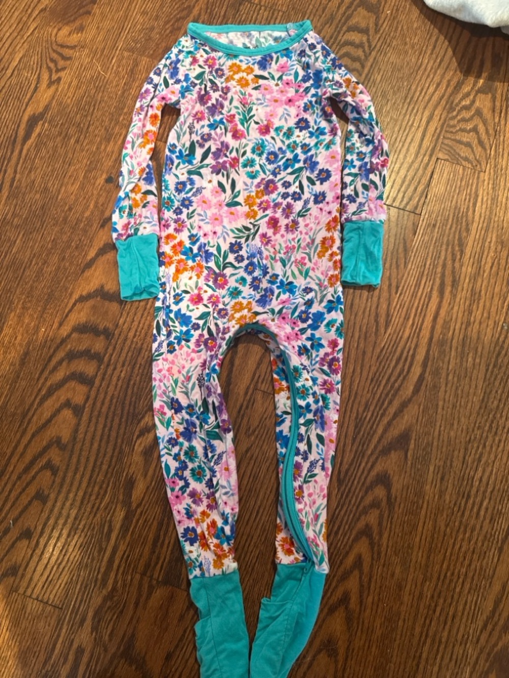Floral Long-Sleeve One-Piece Pajamas in Teal Trim